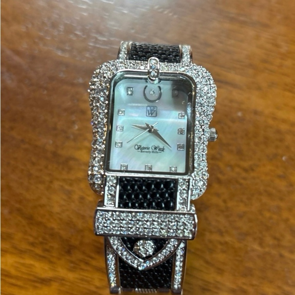 Victoria Wieck Silver and Black Rectangular Crystal Watch